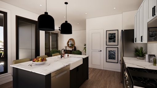 A modern kitchen with a marble countertop and dark wood cabinets.
